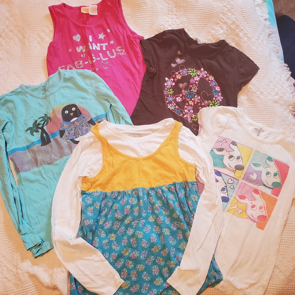 Girls' XL Lot of 5 Shirts- Flowers, Dog, Penguin